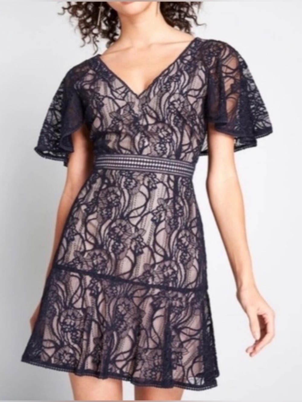 BB Dakota Black Floral Lace V-Neck Mini Dress